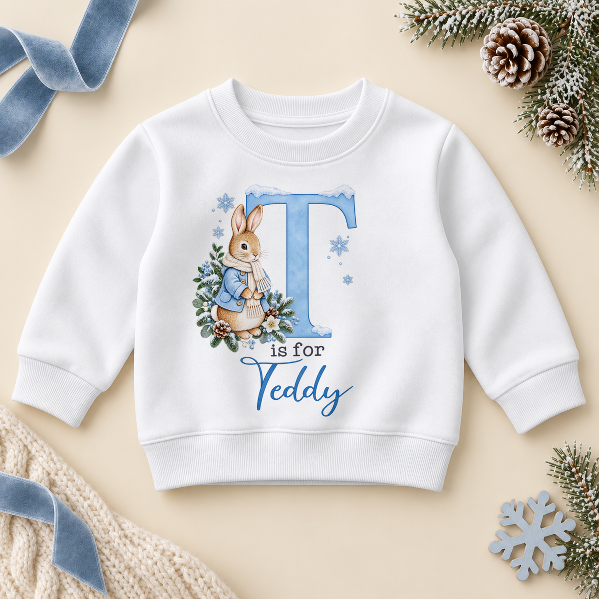 Personalised Kids Blue Initial Winter Bunny Sweatshirt for Boys with Name; example name shown.