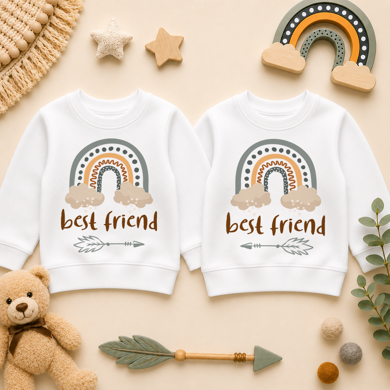 Twins Best Friend Boho Rainbow Kids Sweatshirt Set, Matching Pair