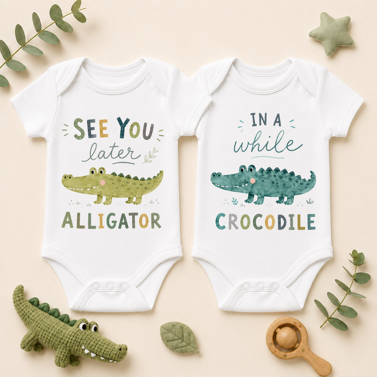Twins See You Later Alligator Baby Vest Bodysuit Set, Matching Pair