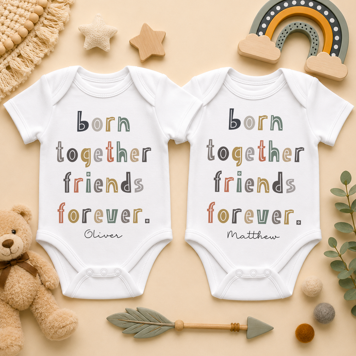 Personalised Twins Born Together Friends Forever Baby Vest Bodysuit Set, Matching Pair with Names