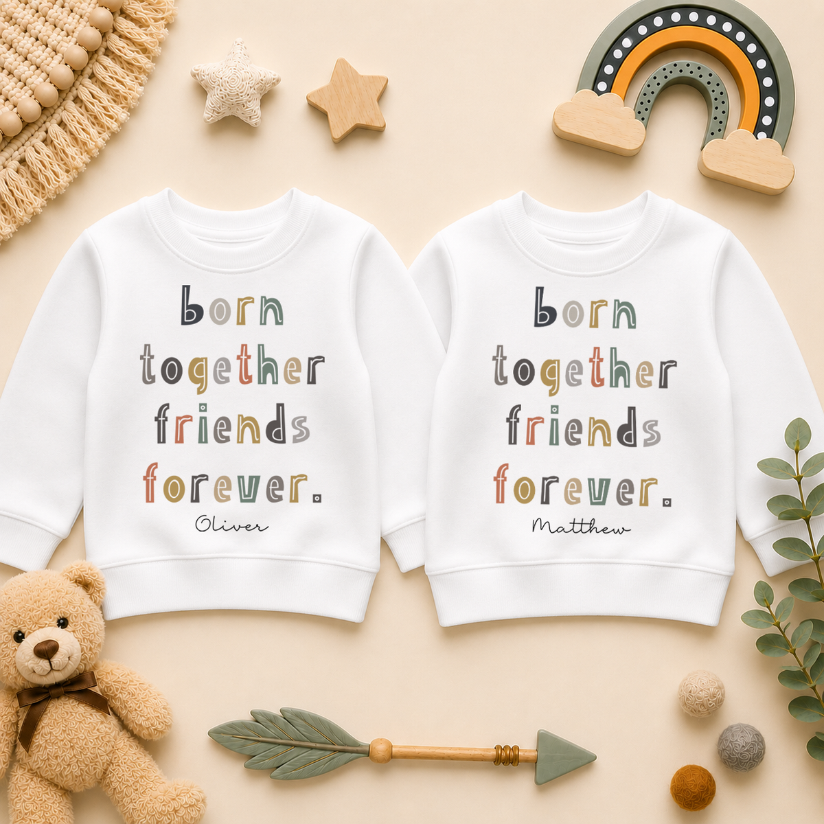 Personalised Twins Born Together Friends Forever Kids Sweatshirt Set, Matching Pair with Names