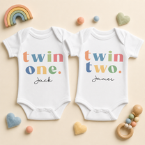 Personalised Twins Baby Vest Bodysuit Set, Twin One & Two Matching Pair with Names
