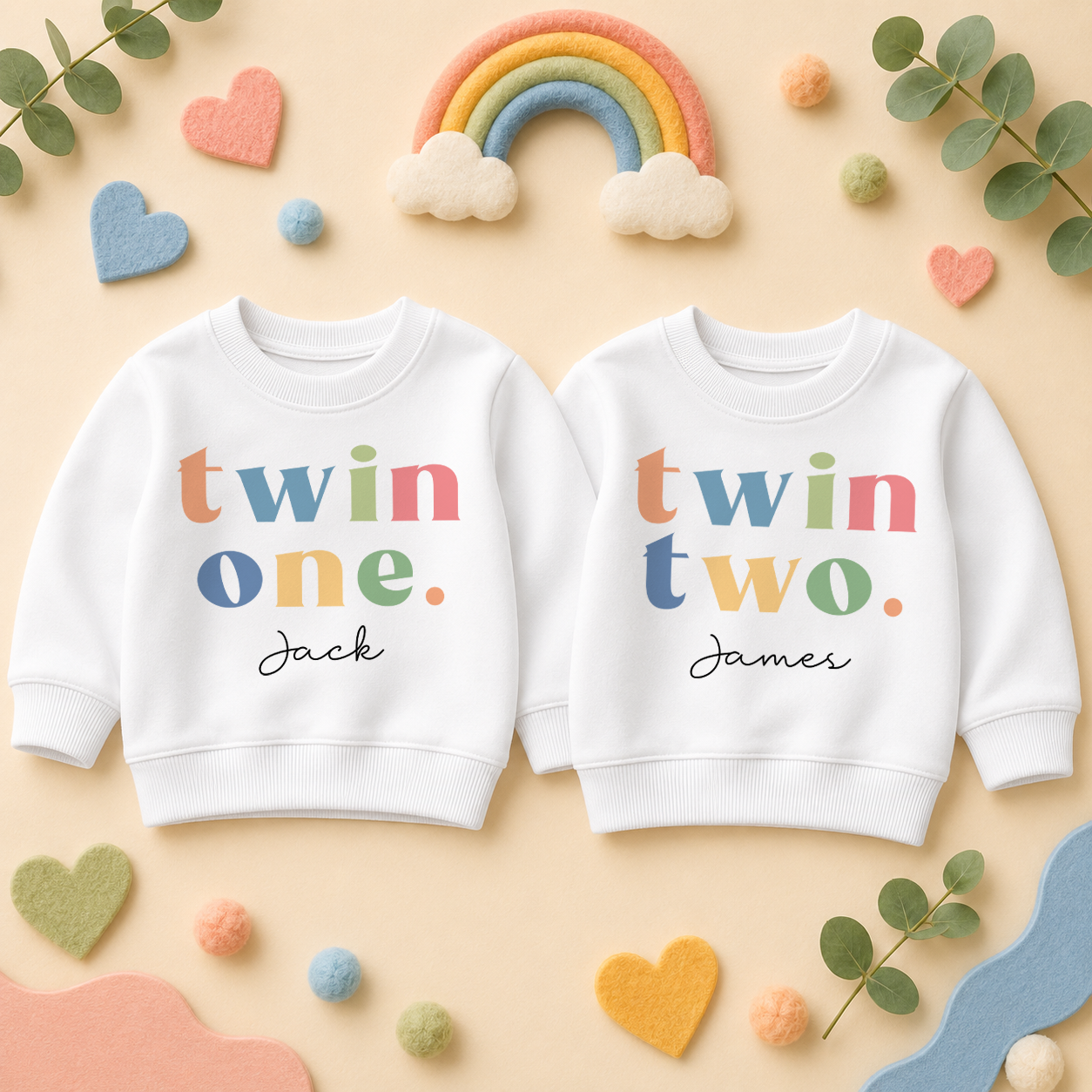 Personalised Twins Kids Sweatshirt Set, Twin One and Twin Two Matching Pair with Names