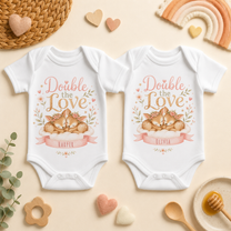 Personalised Twins Double the Love Foxes Baby Vest Bodysuit Set for Girls, Matching Pair with Names