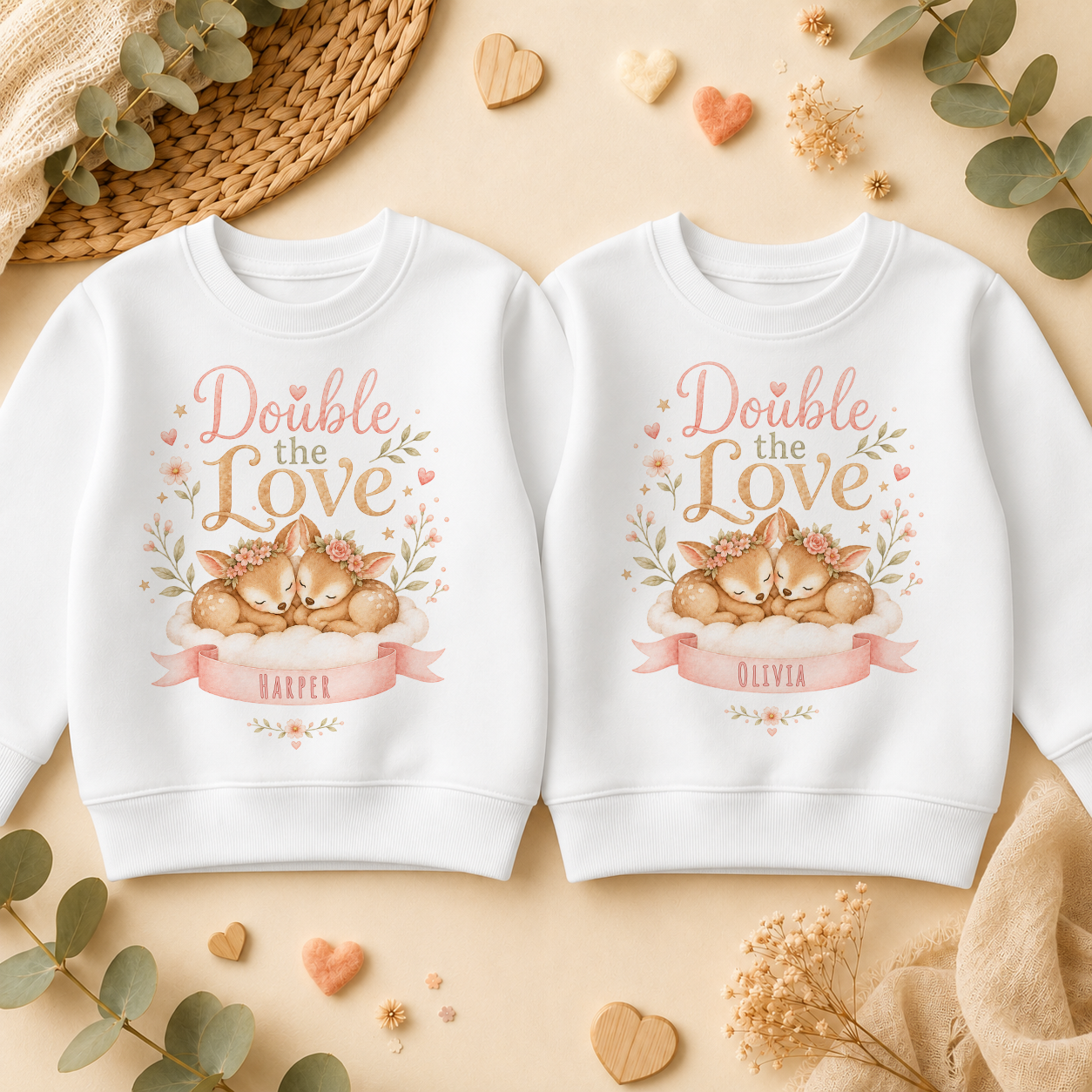 Personalised Twins Double the Love Foxes Kids Sweatshirt Set for Girls, Matching Pair with Names