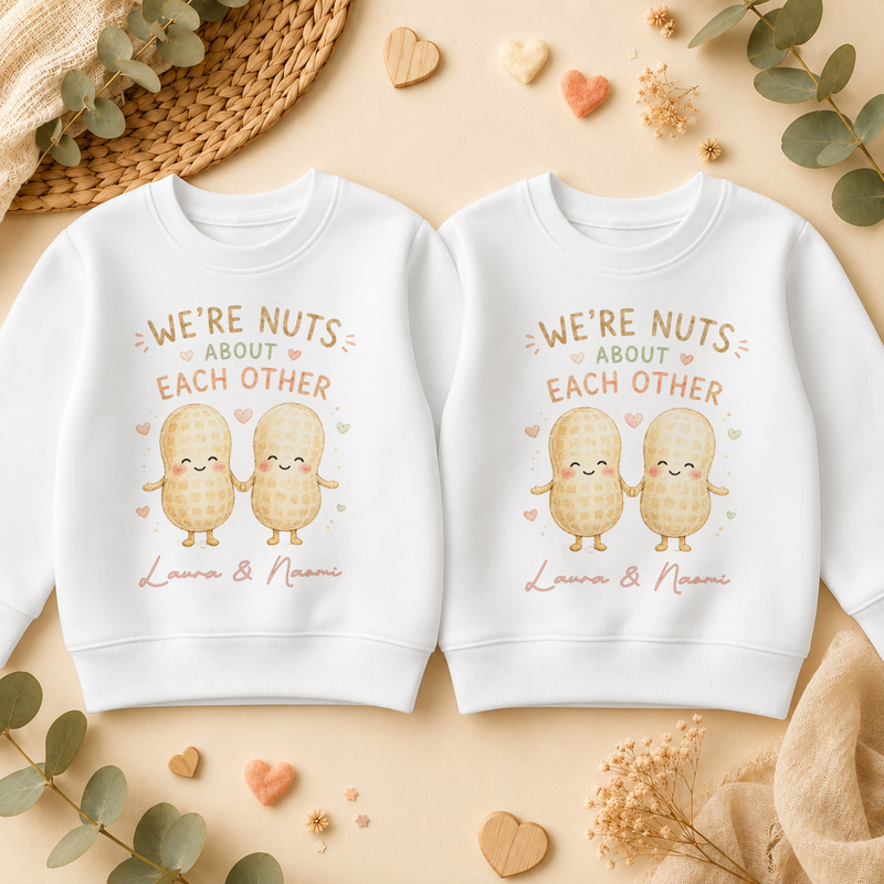 Personalised Twins Nuts About Each Other Peanuts Kids Sweatshirt Set, Matching Pair with Names