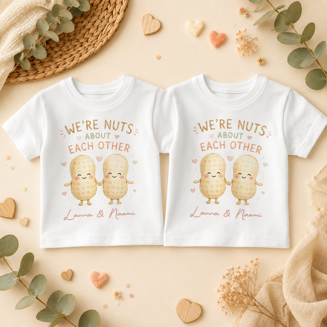 Personalised Twins Nuts About Each Other Peanuts Kids T-Shirt Set, Matching Pair with Names
