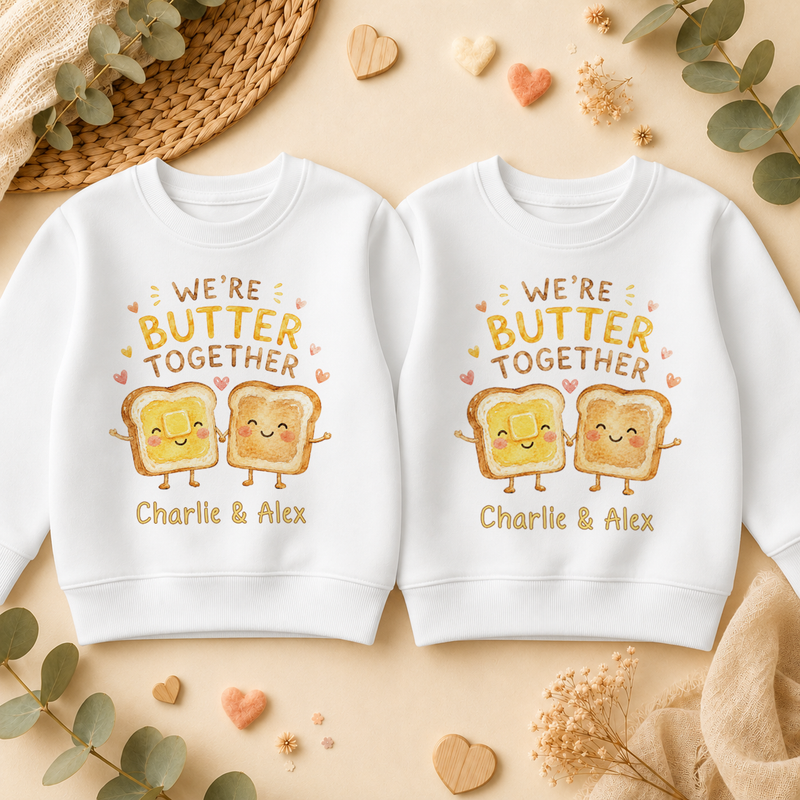 Personalised Twins Butter Together Toast Kids Sweatshirt Set, Matching Pair with Names