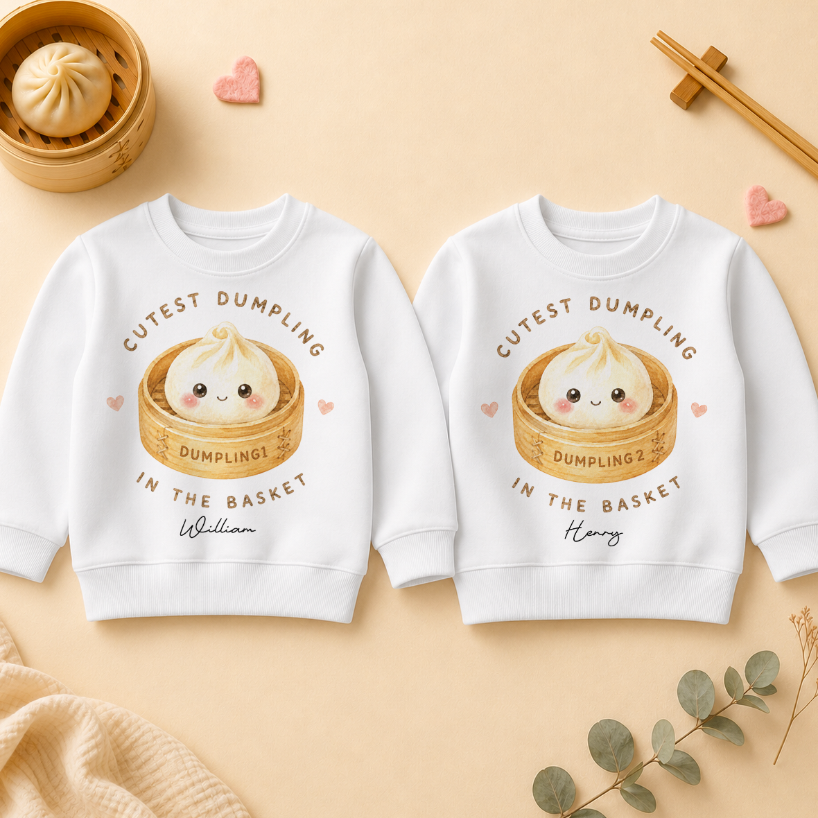Personalised Twins Cutest Dumpling in the Basket Kids Sweatshirt Set, Matching Pair with Names