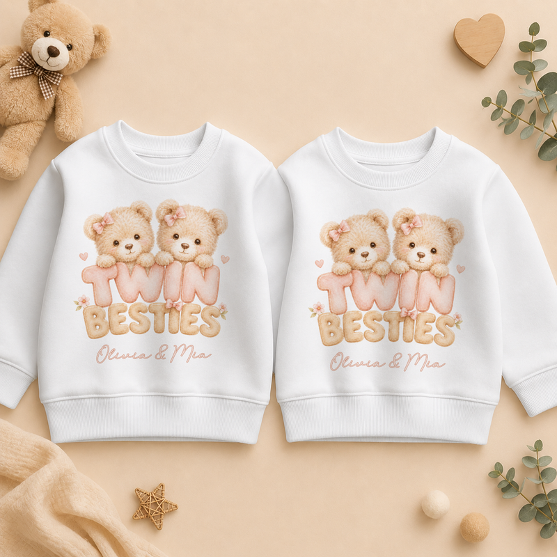 Personalised Twins Twin Besties Teddy Bears Kids Sweatshirt Set for Girls, Matching Pair with Names