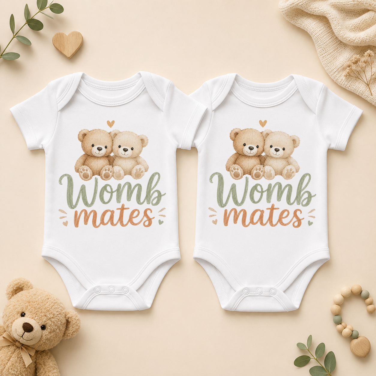 Twins Womb Mates Teddy Bears Baby Vest Bodysuit Set, Matching Pair