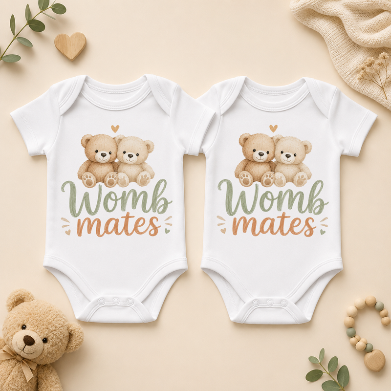 Twins Womb Mates Teddy Bears Baby Vest Bodysuit Set, Matching Pair