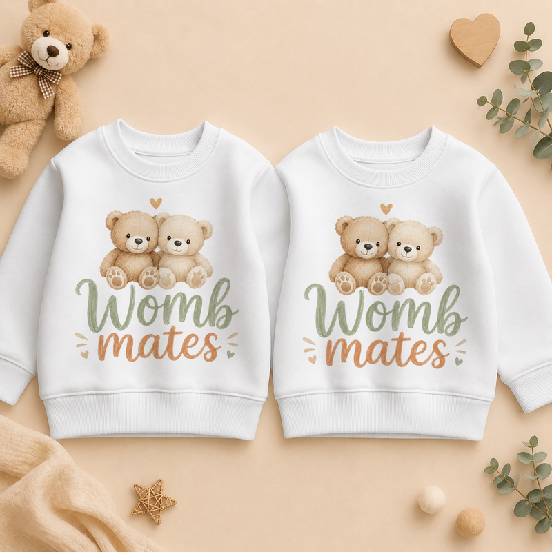 Twins Womb Mates Teddy Bears Kids Sweatshirt Set, Matching Pair