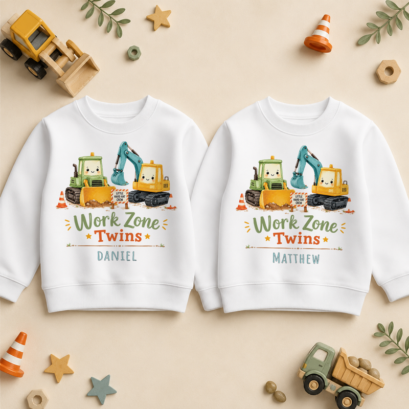 Personalised Twins Work Zone Diggers Kids Sweatshirt Set for Boys, Matching Pair with Names