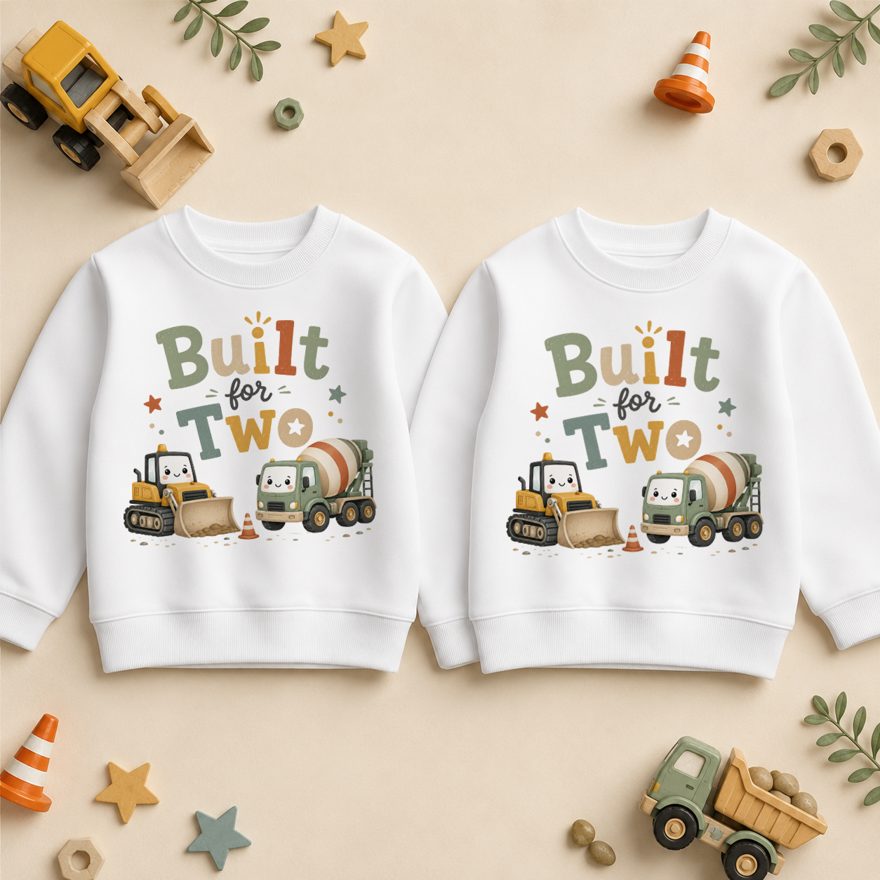Twins Built for Two Construction Kids Sweatshirt Set, Matching Pair