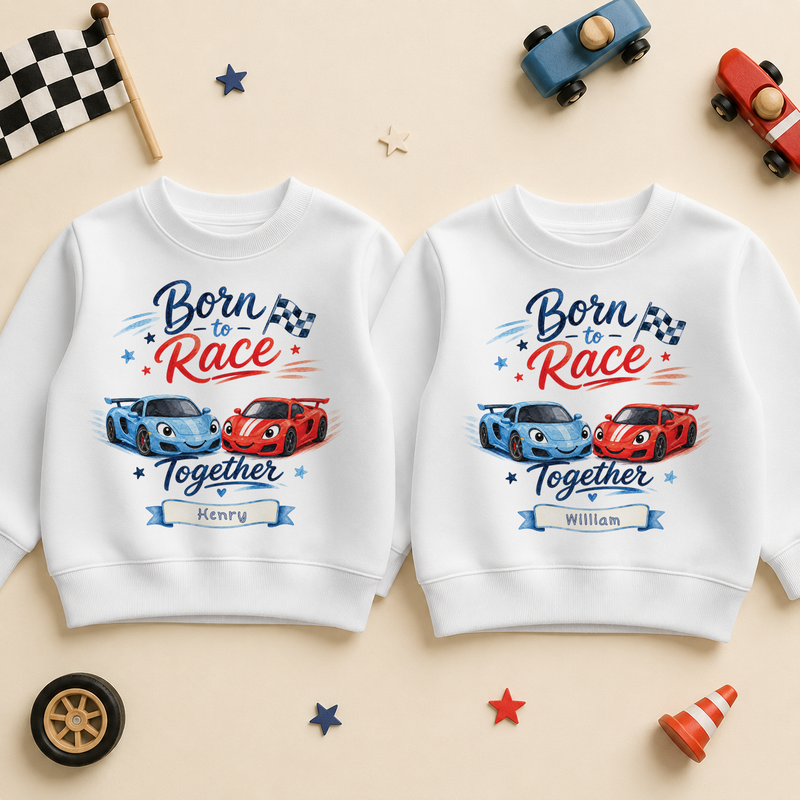 Personalised Twins Born to Race Together Cars Kids Sweatshirt Set for Boys, Matching Pair with Names