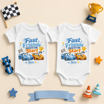 Twins Fast Friends Racing Cars Baby Vest Bodysuit Set for Boys, Matching Pair