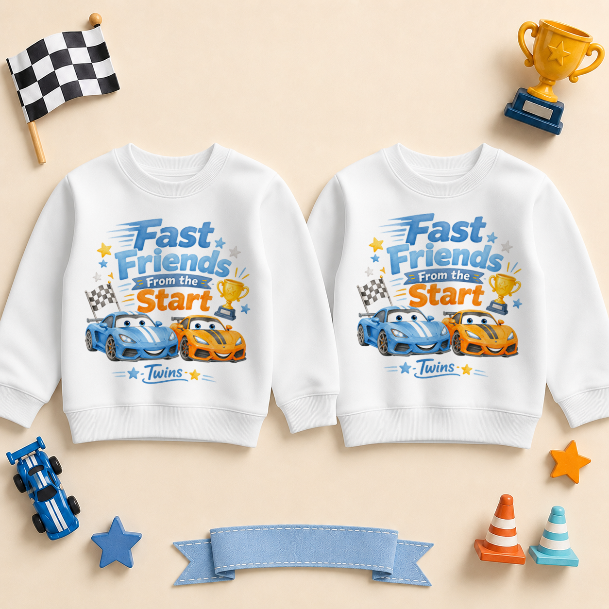 Twins Fast Friends Racing Cars Kids Sweatshirt Set for Boys, Matching Pair
