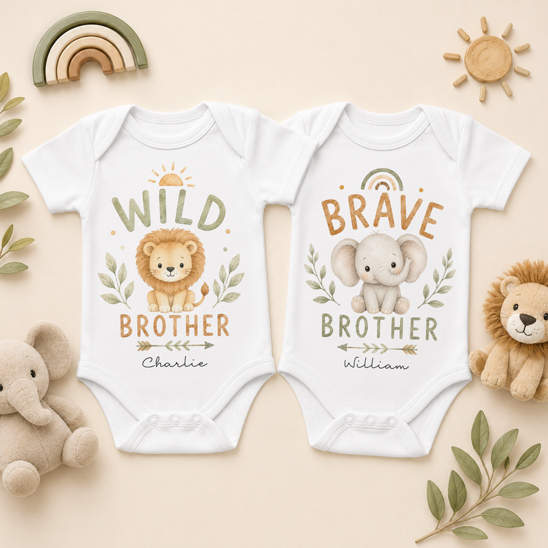 Personalised Twins Wild and Brave Brother Baby Vest Bodysuit Set for Boys, Matching Pair with Names