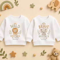 Personalised Twins Wild and Brave Brother Kids Sweatshirt Set for Boys, Matching Pair with Names