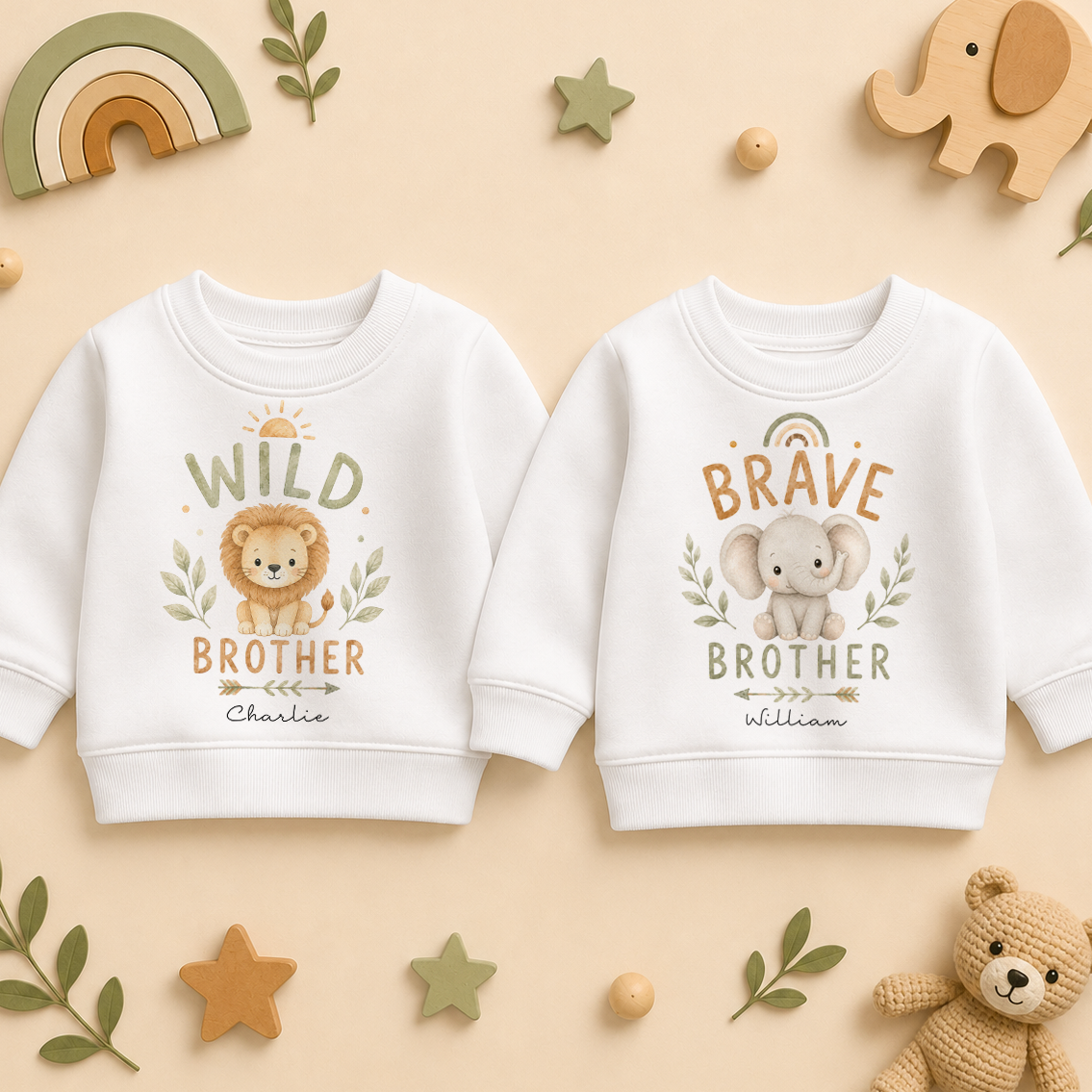 Personalised Twins Wild and Brave Brother Kids Sweatshirt Set for Boys, Matching Pair with Names
