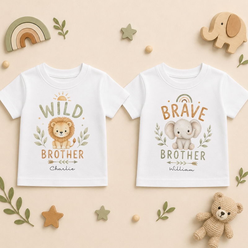Personalised Twins Wild and Brave Brother Kids T-Shirt Set for Boys, Matching Pair with Names