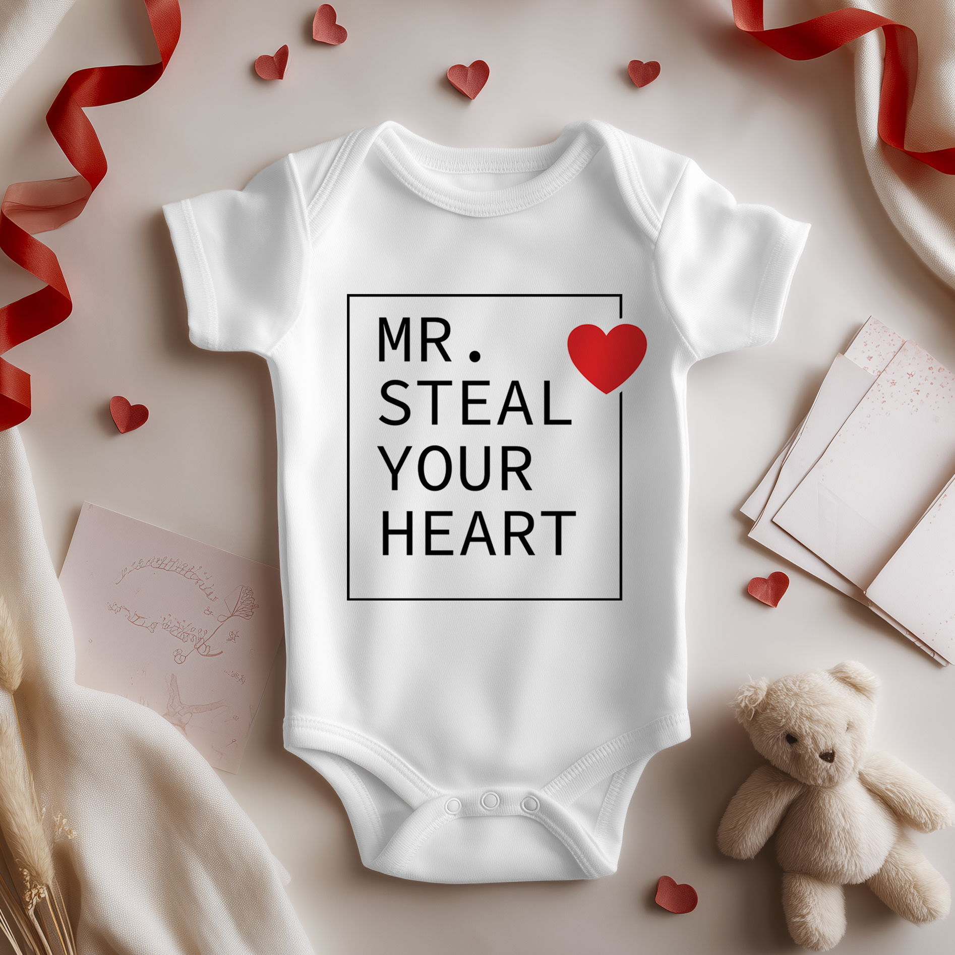 Mr Steal Your Heart Valentines Baby Bodysuit