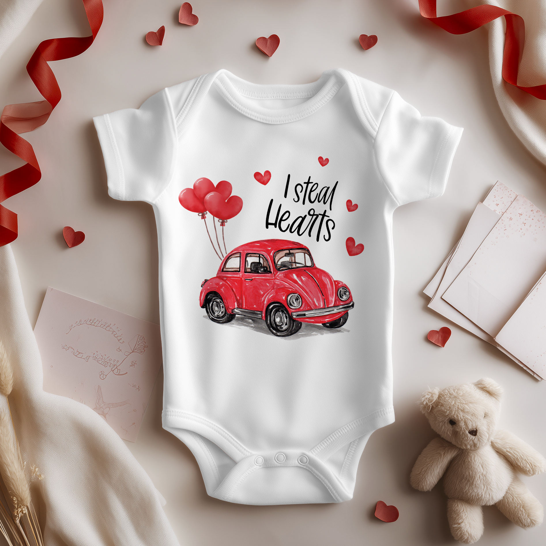 I Steal Hearts Valentines Car Baby Bodysuit