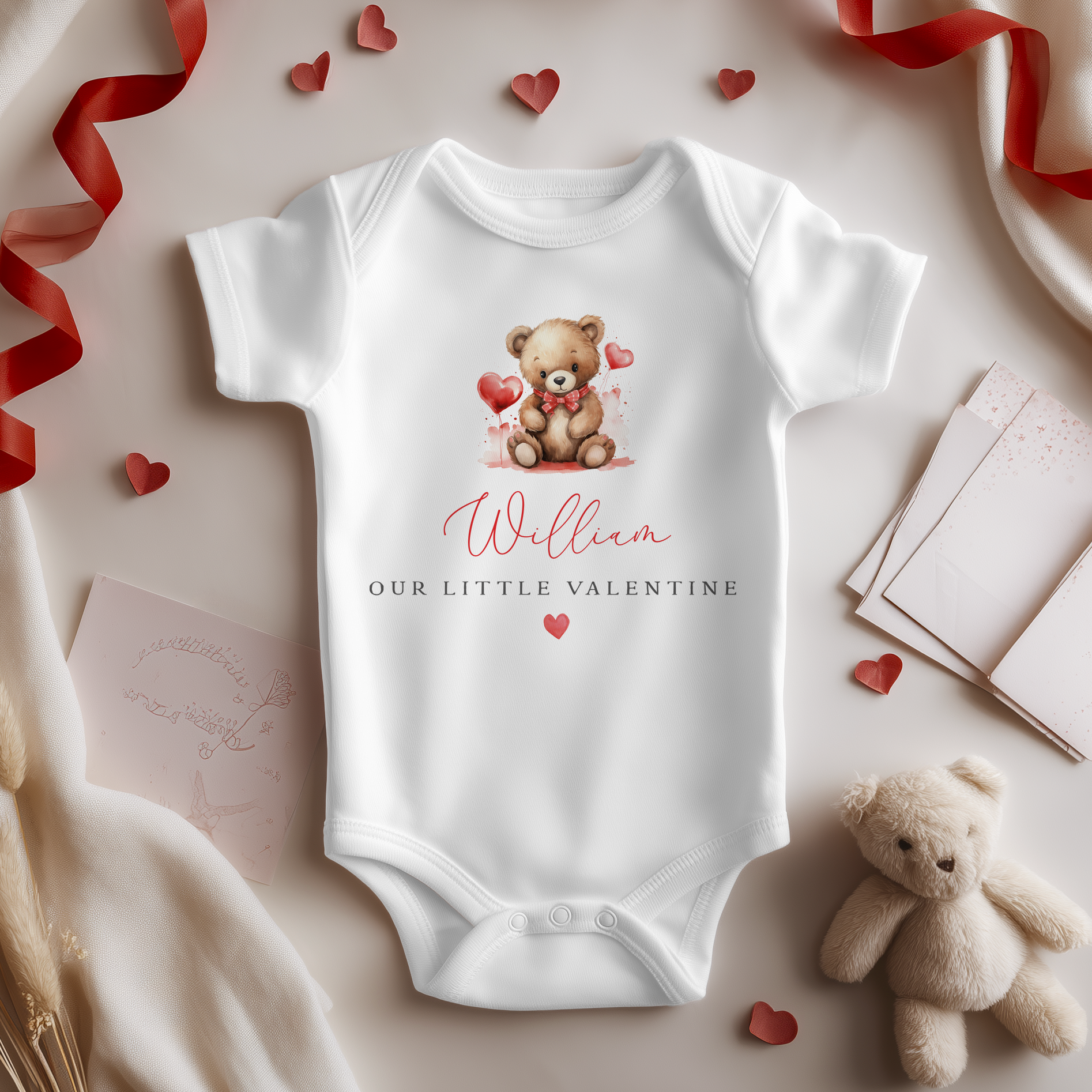 Our Little Valentine Teddy Boy Personalised Baby Bodysuit