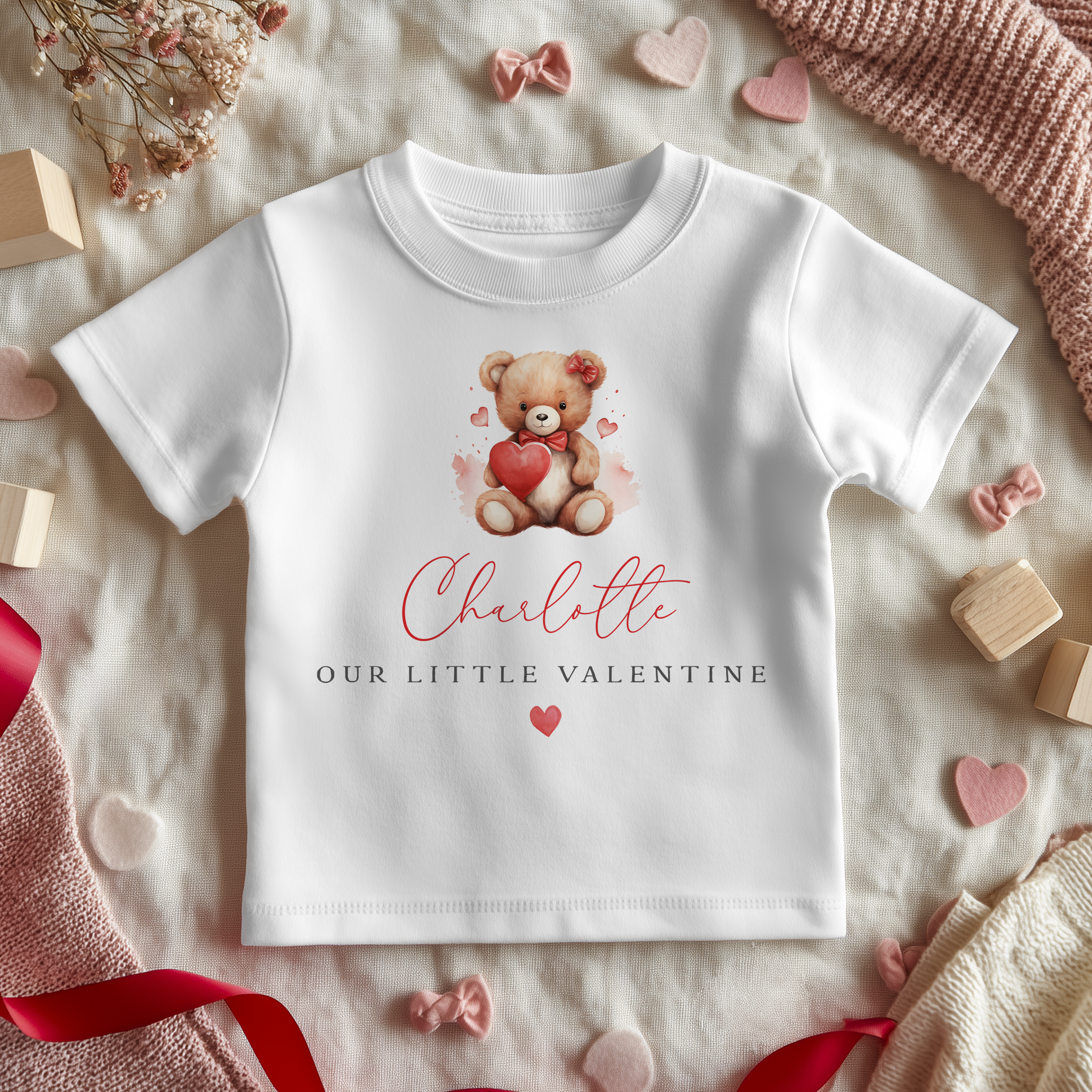 Our Little Valentine Teddy Girl Personalised Toddler & Kids T Shirt
