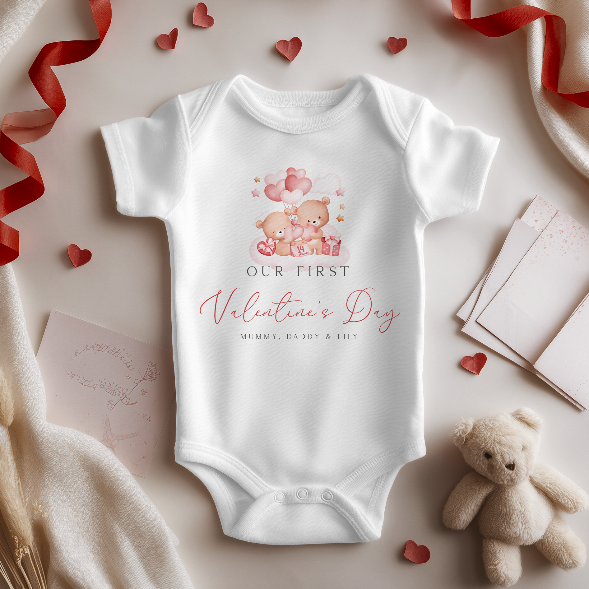 Our First Valentines Day Teddy Bears Personalised Baby Bodysuit
