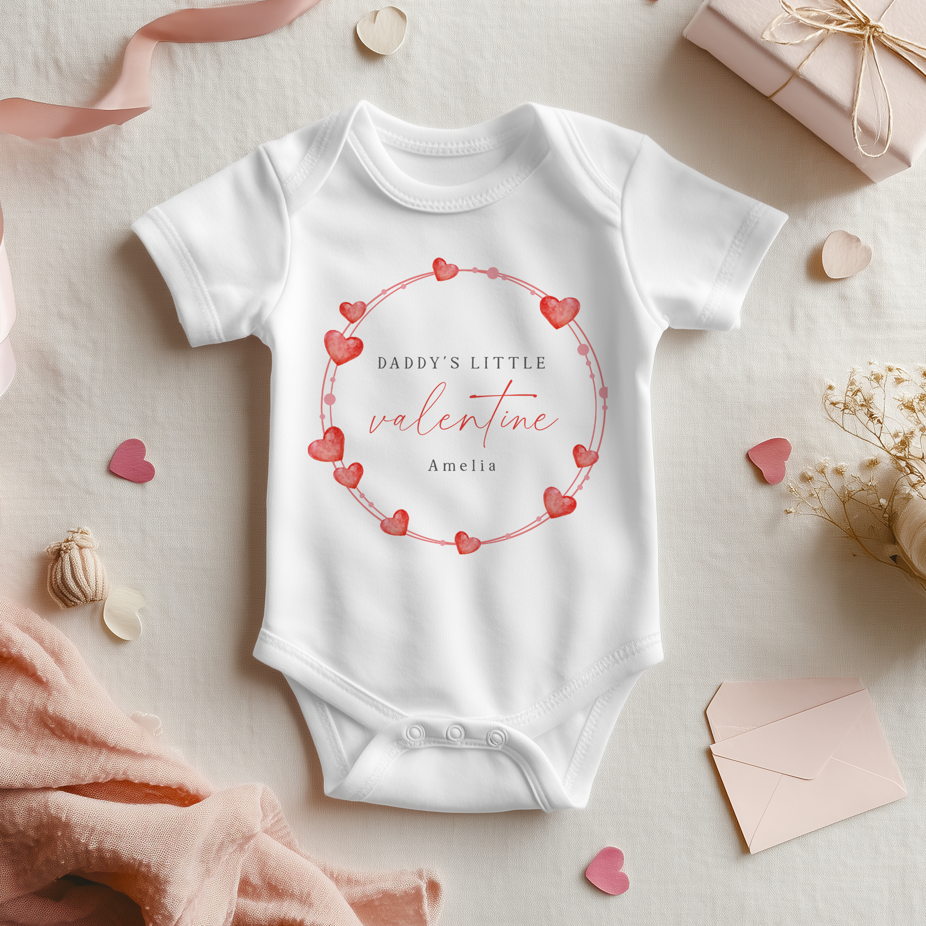 Daddy's Valentine Hearts Wreath Personalised Baby Bodysuit