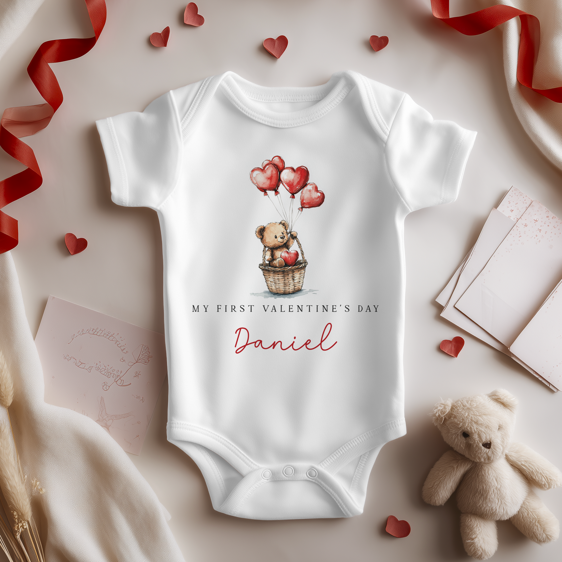 My First Valentines Day Teddy Bear Personalised Baby Bodysuit