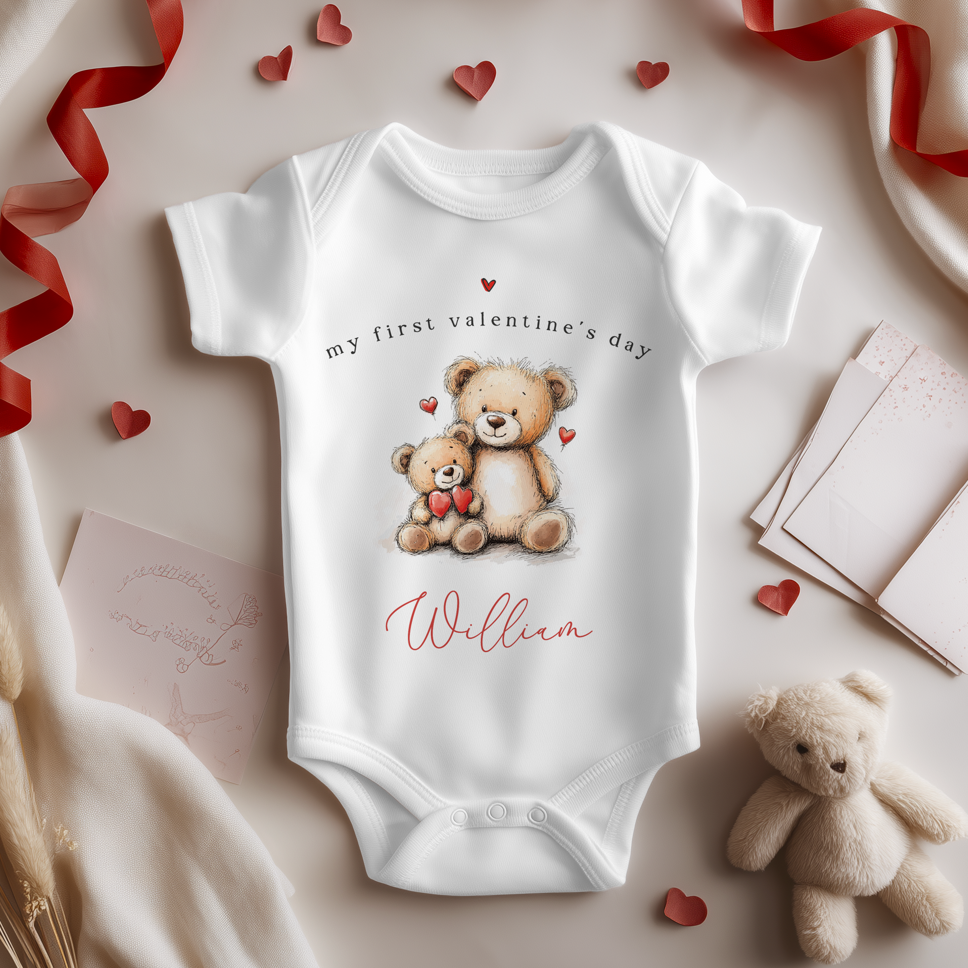 My First Valentines Day Teddy Bears Personalised Baby Bodysuit