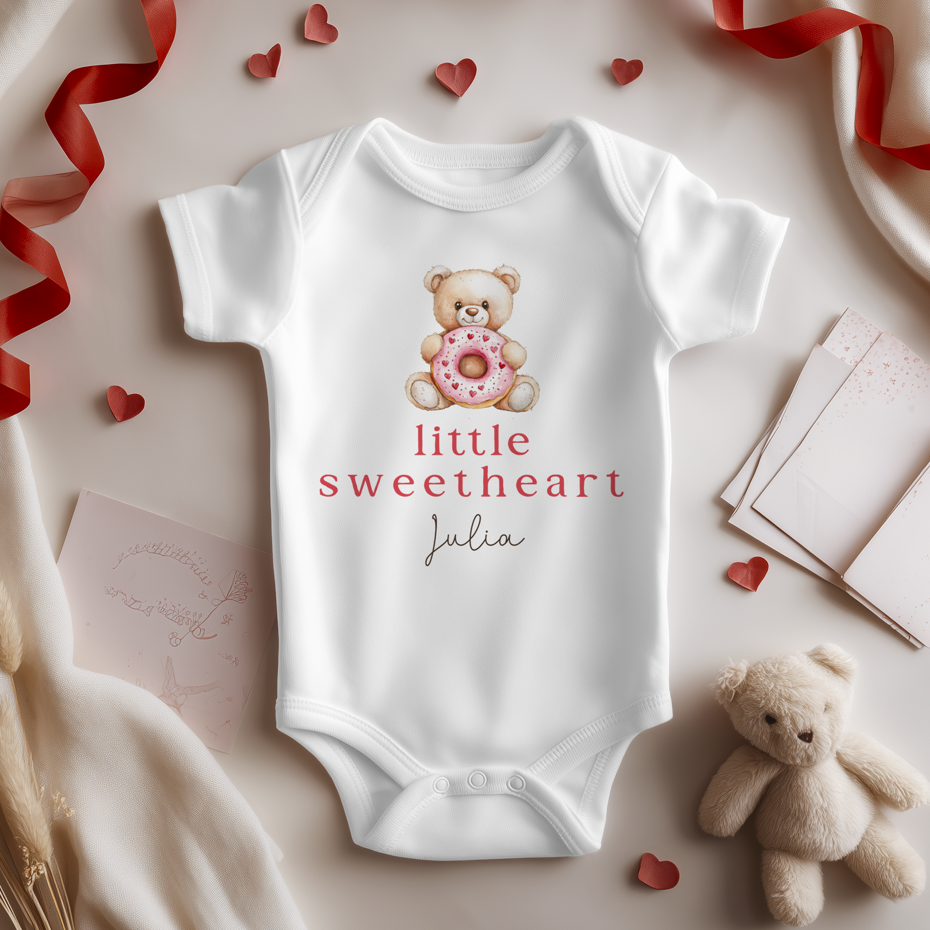Little Sweetheart Valentines Teddy Donut Personalised Baby Bodysuit
