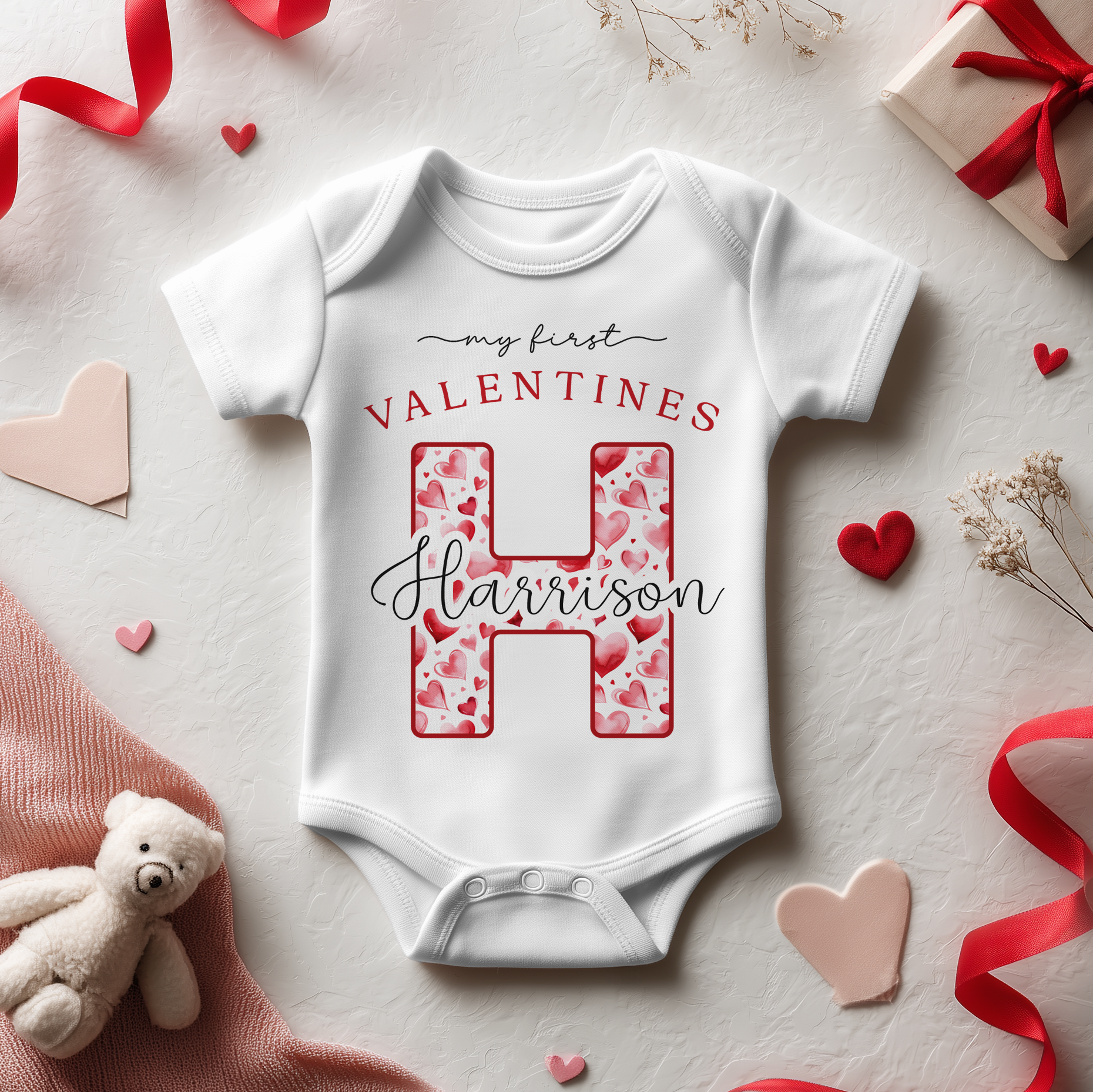 My First Valentines Heart Pattern Personalised Baby Bodysuit