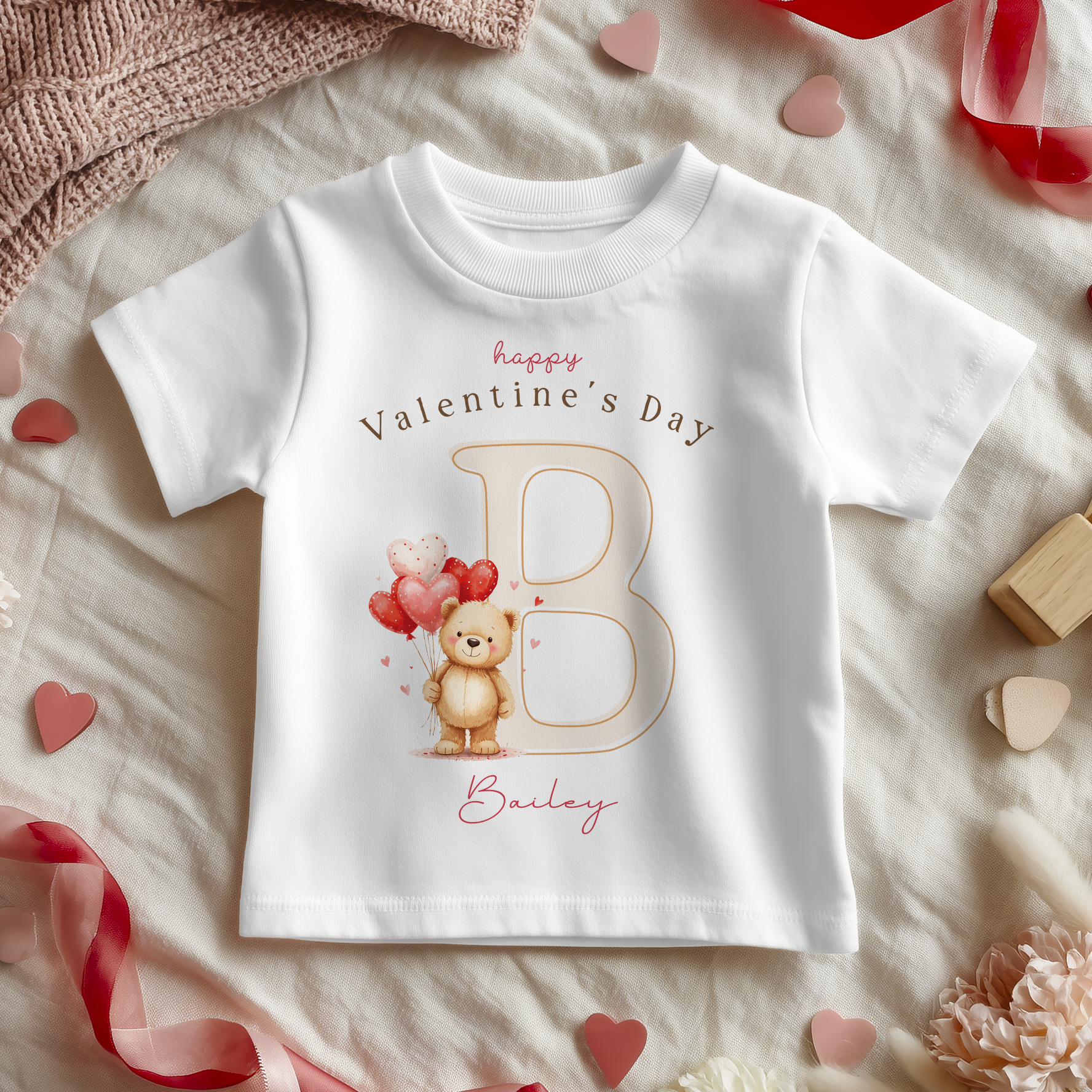 Valentine' Day Teddy Name With Initial Personalised Toddler & Kids T Shirt