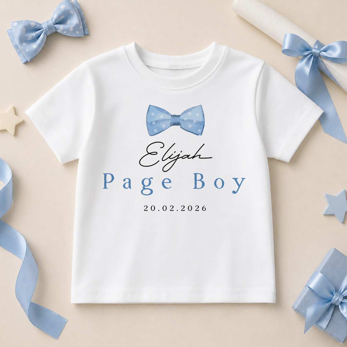 Personalised Page Boy T-Shirt Bow Tie and Wedding Date for Toddlers and Kids