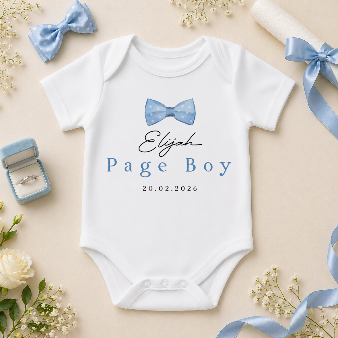 Personalised Page Boy Baby Vest Bodysuit Bow Tie and Wedding Date