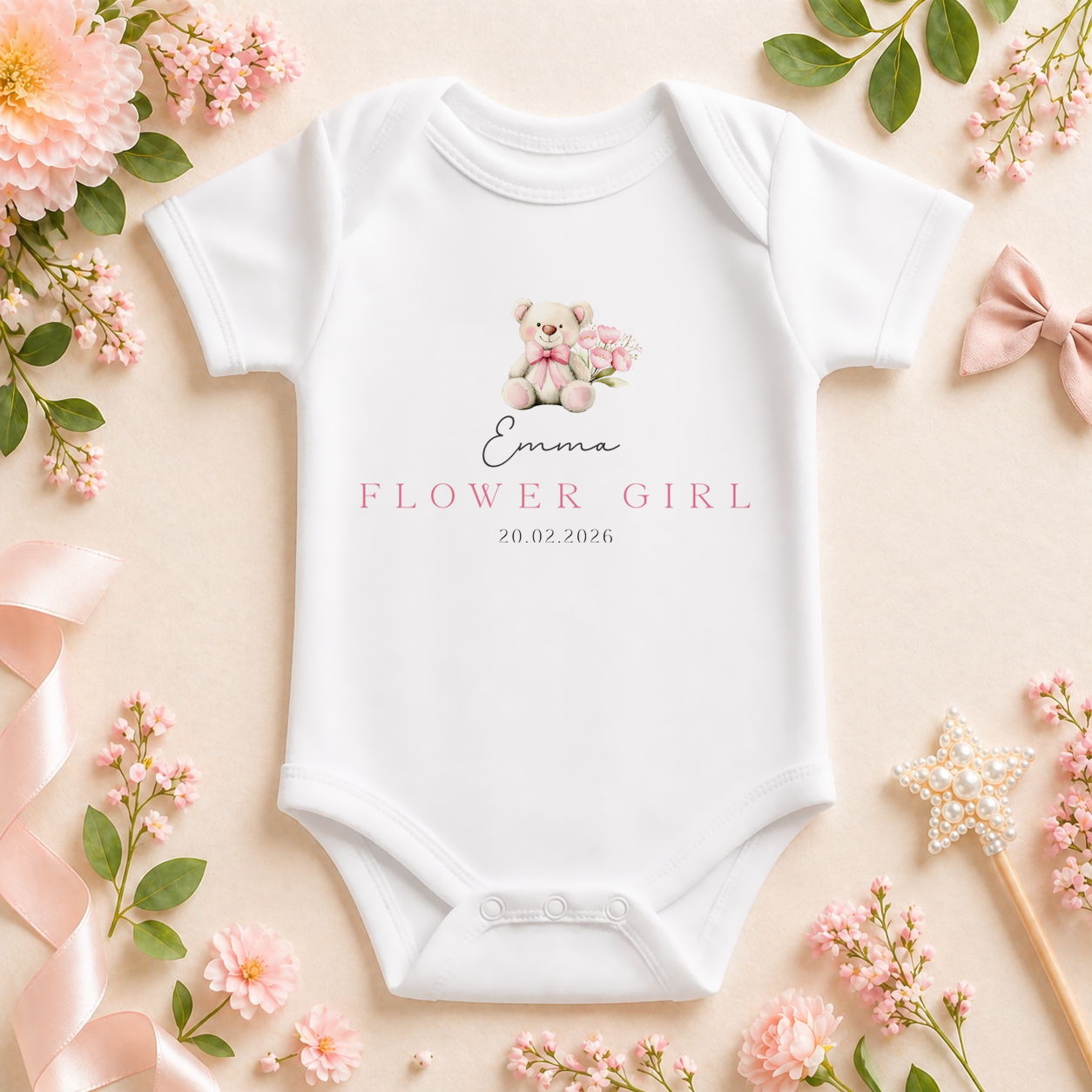 Personalised Flower Girl Baby Vest Bodysuit Bear with Roses and Wedding Date