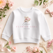 Personalised Flower Girl Sweatshirt Bear with Roses and Wedding Date for Kids
