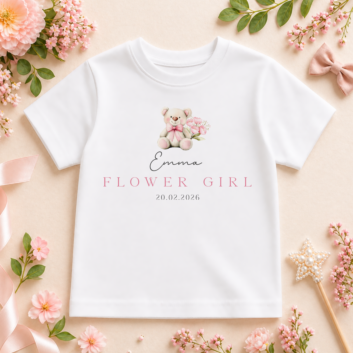 Personalised Flower Girl T-Shirt Bear with Roses and Wedding Date for Kids