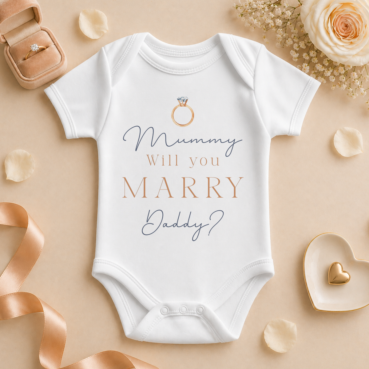 Mummy Will You Marry Daddy Engagement Reveal Baby Vest Bodysuit, Rose Gold Script Ring