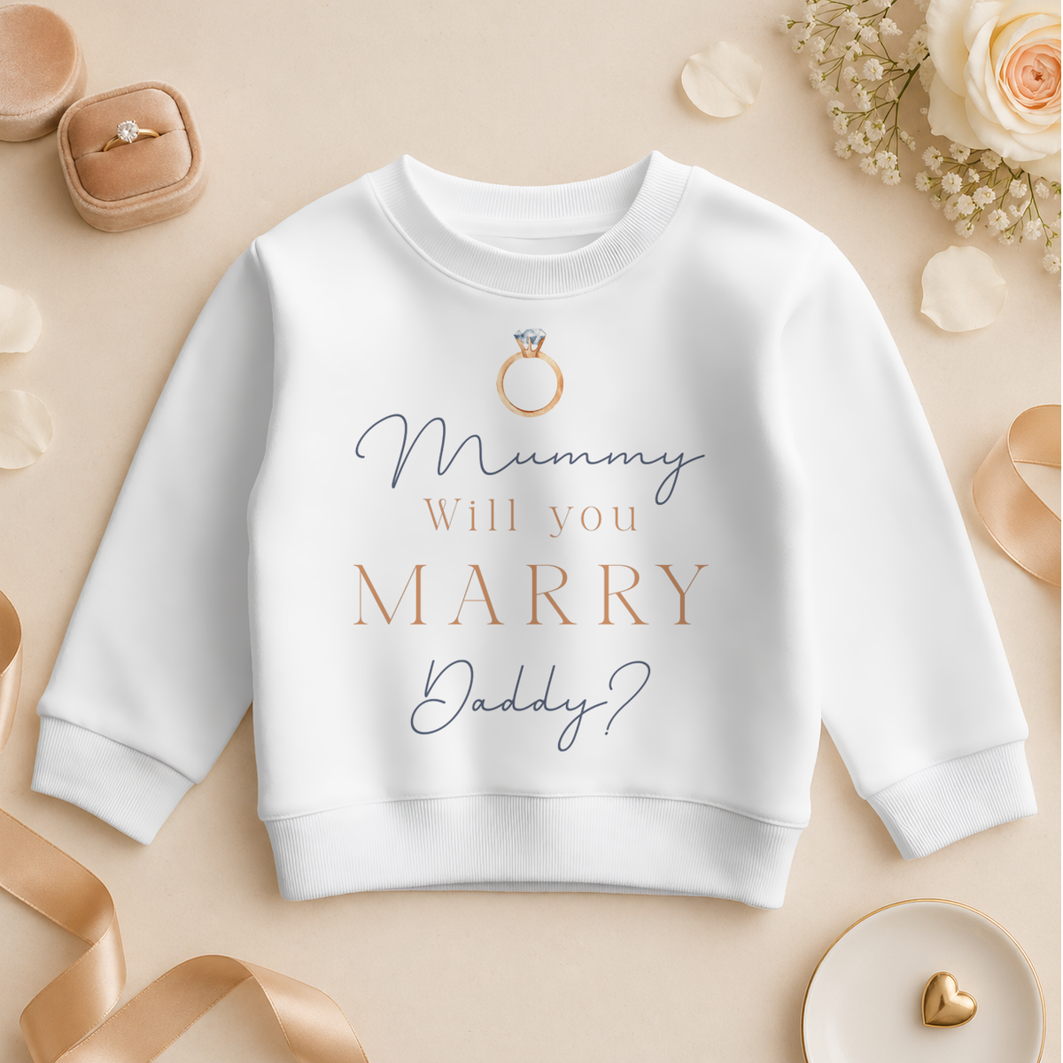 Mummy Will You Marry Daddy Engagement Reveal Kids Sweatshirt, Cosy Rose Gold Script Ring