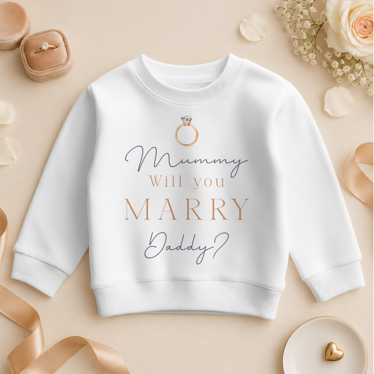 Mummy Will You Marry Daddy Engagement Reveal Kids Sweatshirt, Cosy Rose Gold Script Ring
