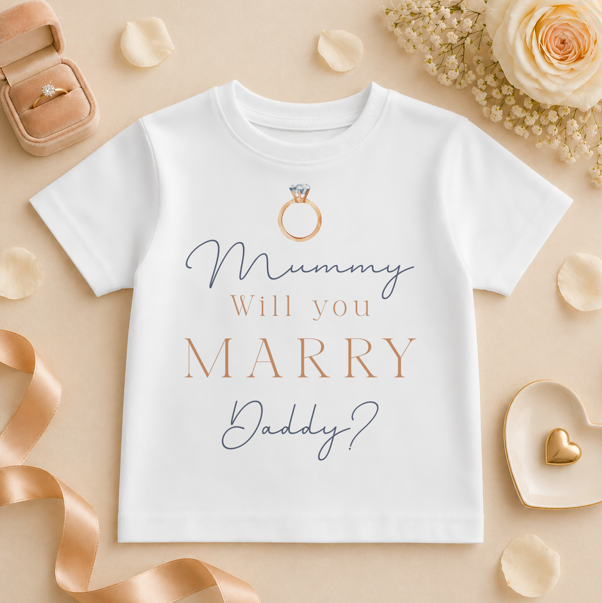 Mummy Will You Marry Daddy Engagement Reveal Kids T-Shirt, Rose Gold Script Ring