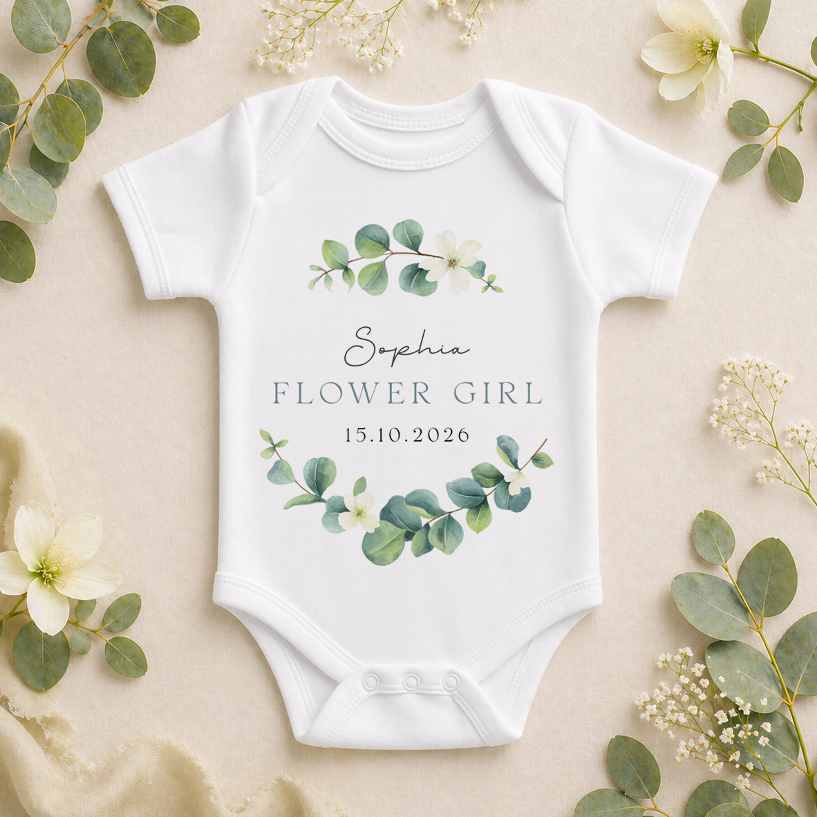 Personalised Flower Girl Eucalyptus Greenery Baby Vest Bodysuit for Girls, with Name and Date