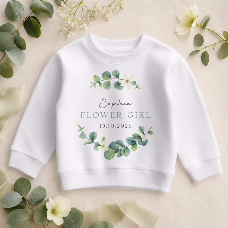 Personalised Flower Girl Eucalyptus Greenery Kids Sweatshirt for Girls, with Name and Date