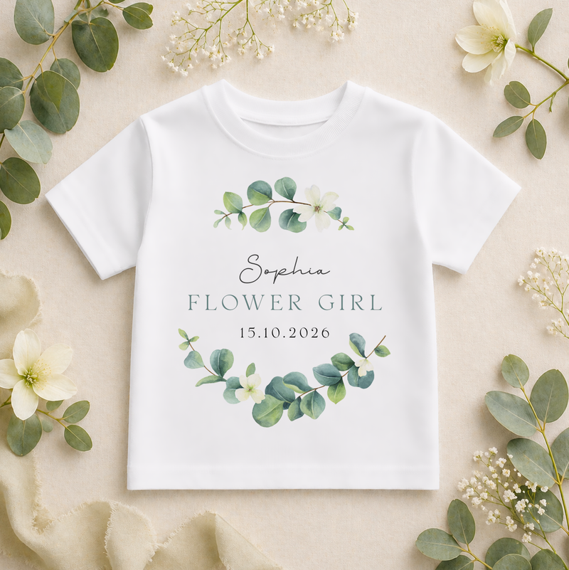 Personalised Flower Girl Eucalyptus Greenery Kids T-Shirt for Girls, with Name and Date