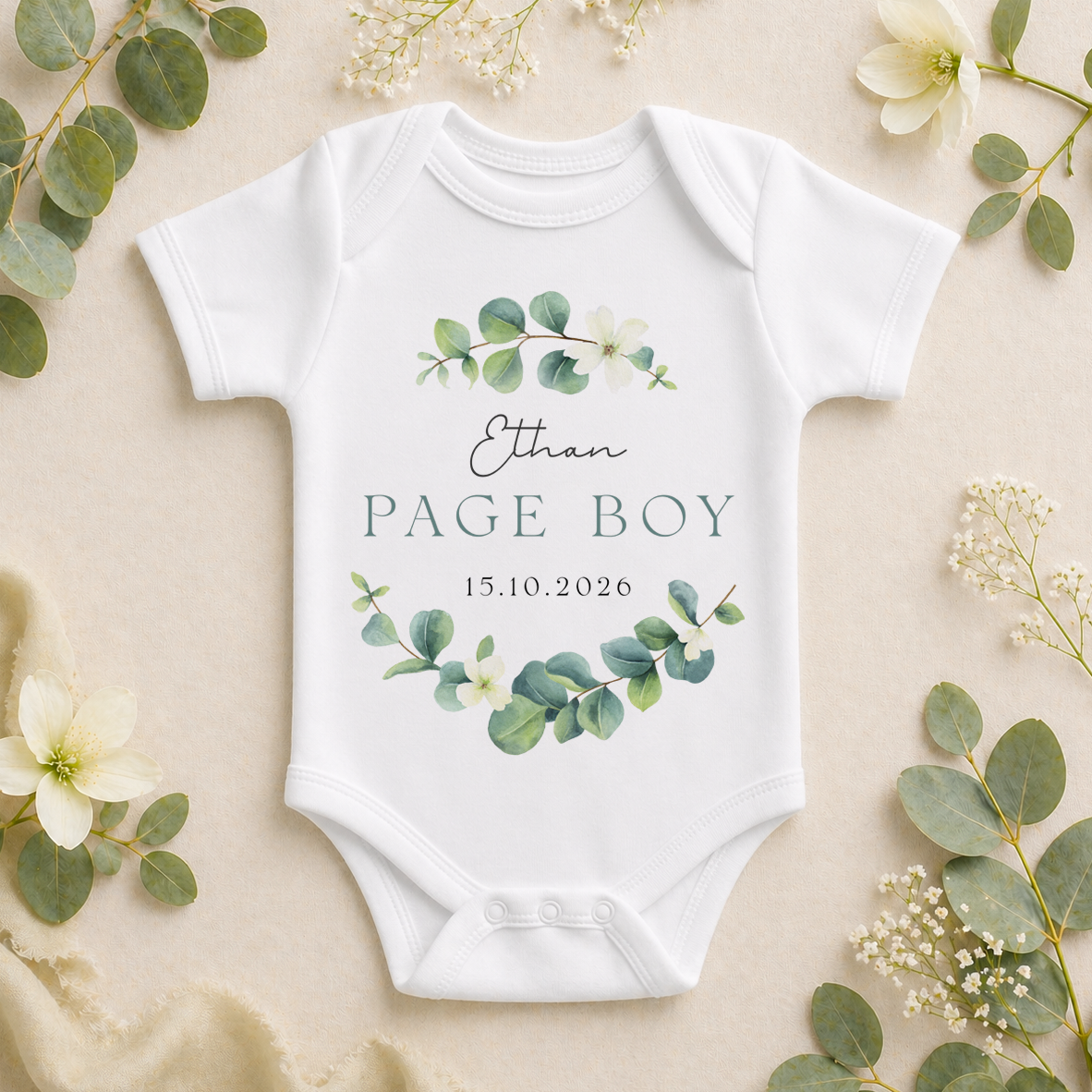 Personalised Page Boy Eucalyptus Greenery Baby Vest Bodysuit for Boys, with Name and Date